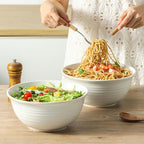 Hasense Serving Bowls, 9 Inch Ceramic Salad Bowls for Kitchen, 84 Ounce Mixing Bowl for Soup Pho Pasta Popcorn, Dishwasher & Microwave Safe, Set of 2(Clay-Infused White)