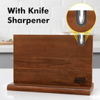 HOSHANHO Magnetic Knife Block 14 x 10 Inches, Double Sided Magnetic Knife Holder Rack for Kitchen Counter, Acacia Wood Magnetic Knife Storage Stand with Knife Sharpener