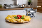 Imperia Pasta Maker Deluxe Gift Set w Accessories- Includes Pasta Machine, Ravioli Mold Press, Wooden Rolling Pin plus 2 Cutter Attachments for Adjustable Thicknesses- Made in Italy Steel Construction
