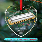 Customized Harmonica Glass Keepsake Ornament, Personalized Text Year Name Harmonica Player Xmas Ornaments Gift for Husband Wife Dad Mom, Unique Harmonicas Glass Christmas Ornament for Appreciation