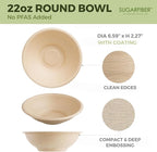 [1000 Count]Sugarfiber by Harvest 22oz Round Bowls PFAS Free with PLA coating - Compostable Heavy-Duty Eco-Friendly Disposable Bagasse Bowl Sugarcane made plant fibers for Meal Prep