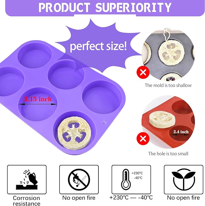 Moukiween Big Round Silicone Soap Molds, 3 Inch Cylinder Silicone Mold for Loofah Soap Making, Shower Steamer, Bath Bombs, Lotion Bars (Set of 2)