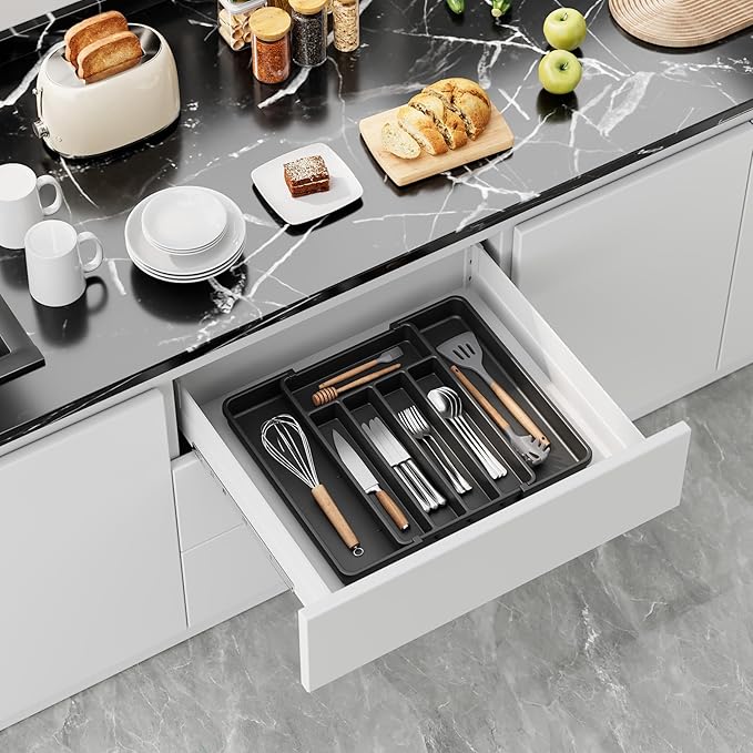 Aujen Silverware Organizer - Expandable Kitchen Drawer Organizer, Adjustable Utensil Organizer, Cutlery Tray for Forks, Knives, Multipurpose Kitchen Organizers and Storage Solution, Black, Medium