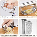 Stainless Steel Garlic Presser, Upgraded Garlic Press Rocker Garlic Mincer Garlic Crusher with Peeler and Cleaning Brush, Garlic Chopper for Smash Garlic Kitchen Gadgets Tools
