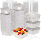 200 Pack 10 oz Silver Mini Aluminum Cake Pans with Lids and Spoons, Disposable Square Baking Cups, Oven Safe Foil Ramekins for Individual Desserts, Cupcakes, Cheesecakes Ramekins Muffin