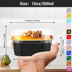 EUSOAR Disposable Ramekins with Lids, 10oz 100pcs Black Gold Aluminum Foil Baking Cups Tins Liners for Pie Quiche Soufflé Creme Brulee, Cake Pan Custard Cups Set for Gathering Dinner Wedding Banquets