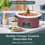 HOMECOOKIN 6-Quart Programmable Slow Cooker with Timer - Small Kitchen Appliance for Family Dinners - Serves 6+ People - Heat Settings: Keep Warm(Red Shell + White Ceramic Liner)
