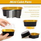 200 Pack 10 oz Black Gold Mini Aluminum Cake Pans with Lids and Spoons, Disposable Square Baking Cups, Oven Safe Foil Ramekins for Individual Desserts, Cupcakes, Cheesecakes Ramekins Muffin