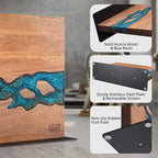 FINDKING Magnetic Knife Block, Double Sided Holder, Powerful Magnet Kitchen Storage, Acacia Wood and Blue Resin (12 x 10 Inches, Without Knives)