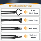Blacksmith Tongs Knife Making Tongs Set V-Bit Blade Tongs, Flat Tongs, Blade Tongs, Wolf Jaw Tongs, Assembled Blacksmithing Bladesmith Steel Forge Tongs (4PCS)