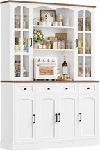 Keyluv 74.8" H Tall Pantry Cabinet with Microwave Stand and 3 Drawers, Large Kitchen Hutch Storage Cabinet with Glass Door and Adjustable Shelves for Kitchen, Dining Room, Living Room, White