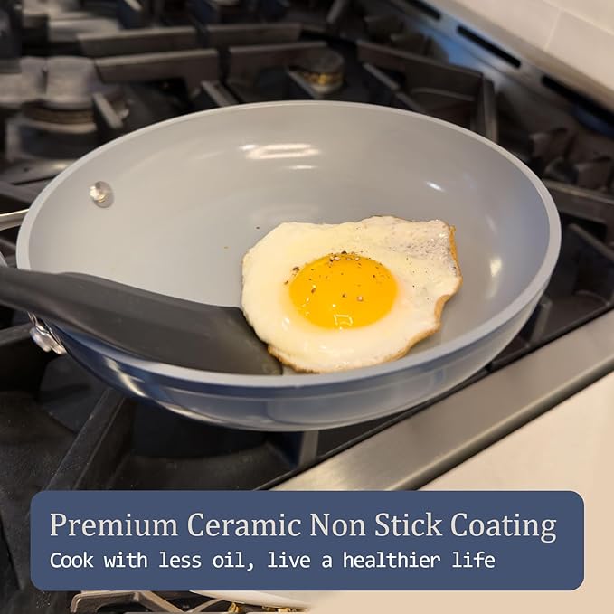 Nonstick Ceramic Frying Pan 8" for All Cooktops, PTFE/PFOA/PFAS Free, Even Heat Distribution Oven Safe up to 500°F, Healthy Non Toxic Skillet w/Ergonomic Stainless Steel Handle, Cream