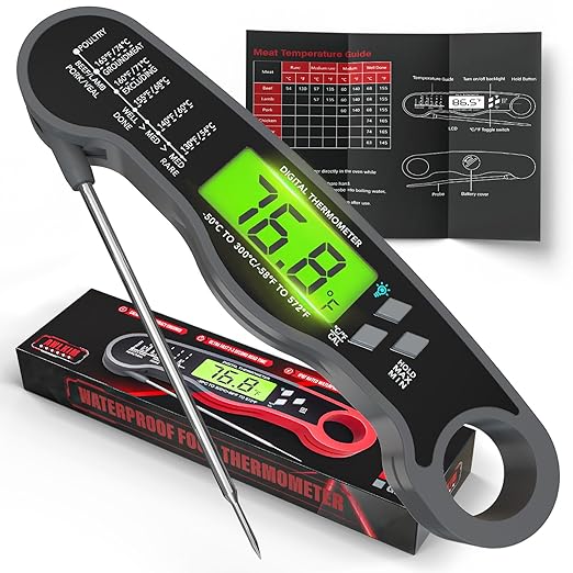 Digital Meat Thermometer - Fast Instant Read Food Thermometer, Waterproof Kitchen Thermometer with Backlight & Hold Function for Cooking, Candy Making, Outside Grill