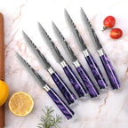 SENKEN 16-Piece Kitchen Knife Block Set - Japanese Chef's Knife Set with Laser Damascus Pattern, Includes 6 Steak Knives and Smoothly-Finished Acacia Hardwood Knife Block (Purple Resin Handles)