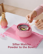 ZENS Pink Matcha Set, Matcha Whisk Set Includes 15oz Ceramic Bowl & (Chasen Holder), Bamboo Whisk & Scoop, Sifter and Pink Tea Towel, 6pcs Matcha Kit for Matcha Lovers