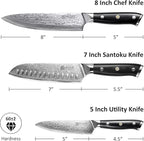 PAUDIN Damascus Knife Set 3 PCS, Japanese VG10 Steel Core, Ultra Sharp Chef Knife Set, Full Tang G10 Handle, Damascus Kitchen Knives