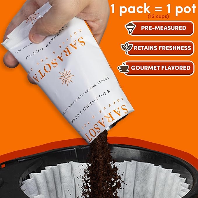 Sarasota Coffee Ground Packets | Gourmet Flavored Medium Roast Grounds Packs | Southern Texas Butter Pecan | Low Acid Mold Free Bulk Individual Pouches for 12 Cup Coffee Maker | 2 oz Bags, 12 Count