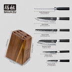 SHAN ZU 7-Piece Japanese Knife Set - 7 Layers 10Cr15MoV High Carbon Steel Kitchen Knifes Set with Block and Sharpener,Ultra-Sharp Chef Knife Set with G10 Handle
