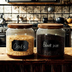 SAIOOL 2-Pack Striped Borosilicate Glass Airtight Canisters - Big mouth Large Capacity, Acacia Wood Lid, Food Storage Jars for Flour, Pasta, Pantry Organization (1/2 Gallon （Striped 2 pack）)