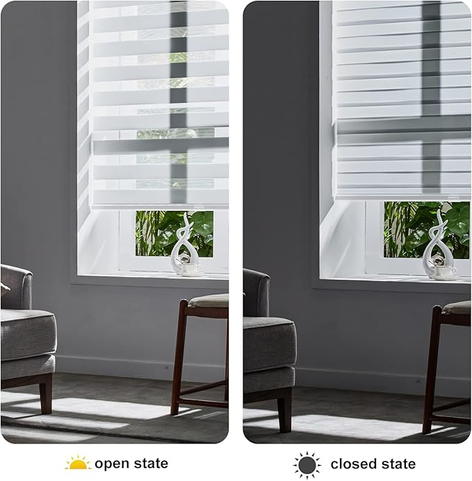 Persilux Cordless Zebra Blinds for Windows, Free-Stop Room Darkening Window Blinds (40" W x 72" H, White) Light Control for Day and Night, Privacy Protection Window Treatments Roller Shades for Home