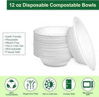 Paper Bowls 12oz, Disposable Bowls Heavy Duty, 50-Pack 100% Compostable Disposable Soup Bowl, Biodegradable Bagasse Paper Bowls Bulk for Party, Camping, Birthday, Festivals-White