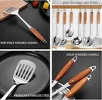 304 Stainless Steel Cooking Utensils Set,9PCS Metal Kitchen Utensils Set with Wooden Handle,Solid Spoon,Spatula,Ladle,Skimmer,Spaghetti Spoon,Dishwasher Safe
