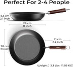 Carbon Steel Frying Pan, Pre-Seasoned 11-Inch Cooking Skillet Wooden Handle, PFAS & PFOA-Free, Nitrided Black Fry Pan for Kitchen, Camping, Chef Use