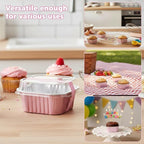 Ruckae 5oz 100 Pcs Square Mini Loaf Pans with Lids-Disposable Foil Dessert Containers,Mini Cake Pans with Lids,Aluminum Dessert Cups for Parties and Weddings (Pink, 5oz)