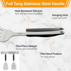 13.4 in Stainless Steel Spatula Set of 2, Heavy Duty Solid & Slotted Metal Spatula with Silicone Handle for Cast Iron Skillet, Egg, Burger and Grilling, Large