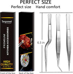 Kitchen Cooking Tweezers Culinary,3 Piece Set Stainless Steel Tweezer Precision Tongs Offset Tip for Cooking Food Design styling(6.3-Inch)