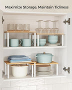 SONGMICS Cabinet Organizer Shelf, Set of 4 Kitchen Counter Shelves, Kitchen Storage, Spice Rack, Stackable, Expandable, Metal and Engineered Wood, Cloud White and Natural Beige UKCS010N01