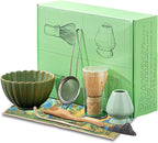 8PCS Matcha Whisk Set - Matcha Set Ceramic Whisk and Bowl, Japanese Buucup Matcha Set with Bamboo Whisk, Sifter, Scoop, Holder & Tea Towel for Traditional Matcha Ceremony (Green)