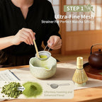 Matcha Whisk Set - Complete 8-Piece Japanese Tea Making Kit With Ceramic Bowl (Chawan), Bamboo Whisk (Chasen), Sifter, Scoop, Holder & Guide - Ideal Gift For Tea Enthusiasts (Mottled Green)