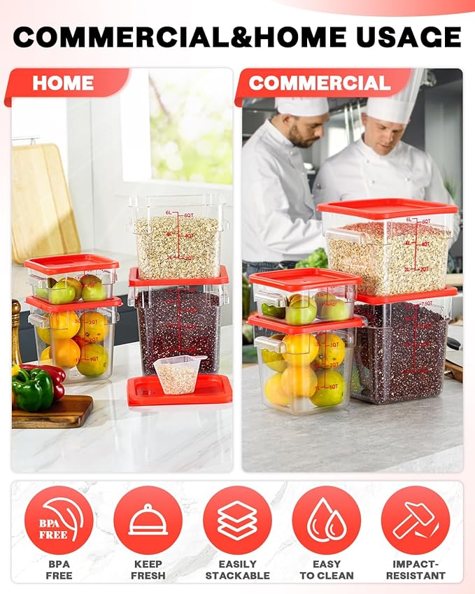 4QT NSF Food Storage Containers: 8 PCS [Food Grade][Hot&Cold Resistant] Commercial Clear Food Storage Containers with Lids for Restaurant Kitchen Proof Dough, Measuring Spoons Included(BPA FREE)