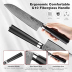 Japanese Damascus Santoku Chef Knife 7''（Mirror finish blade）, 67-Layer VG10 Damascus steel & Black G10 Handle for Cooking Kitchen (Gift Box)