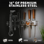 16" Adhesive Magnetic Knife Holder for Wall (No Drill) with 2x Storage - Safe, Patented Storage Design - Stainless Steel Magnet Knife Holder Strip - Magnetic Kitchen Organizer, Tool Storage