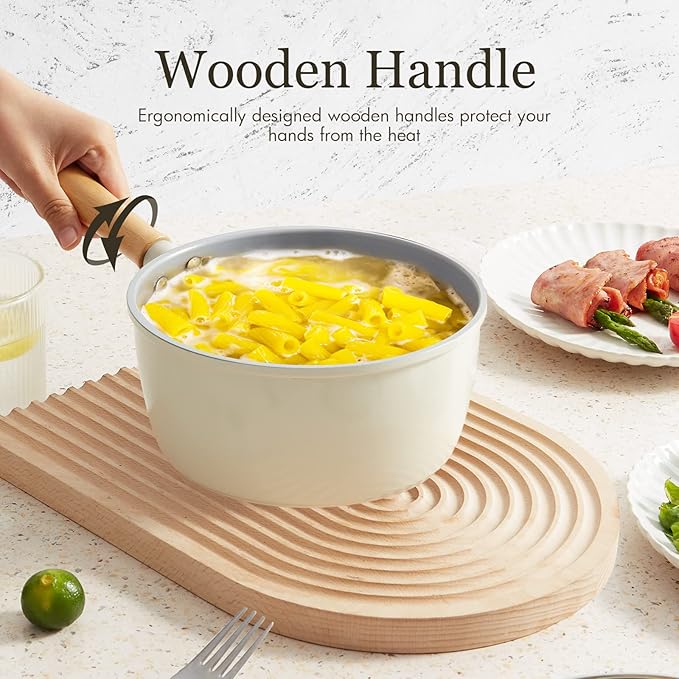 ROCKURWOK Ceramic Nonstick Sauce Pan, 3 QT Pot with Steamer, Non Toxic & PFAS-Free, Wooden Handle for Cool Touch, Universal Base(Gas, Electric & Induction), White