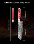 Santoku Knife - 7 inch - Xuan Series - VG10 Damascus Steel Kitchen Knife - Resin Handle (Sunset Red)