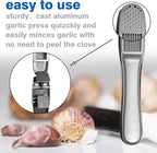 QPQ 2-in-1 Professional Garlic Press and Peeler Set, Aluminum Kitchen Tool with Built-in Cleaner, Manual Crusher and Mincer for Unpeeled Garlic Cloves,Fast And Portable Garlic Peeler