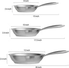 Verel Stainless Steel Frying Pan Set 3 Piece - 8 Inch, 10 Inch and 12 Inch Fry Skillet Stainless Steel Pan, Dishwasher and Oven Safe Cookware