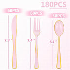 WDF 180 Pieces Pink Plastic Silverware with Gold -Pink Plastic Utensils Set - 60 Guest Pink Cutlery Disposable for Birthday/Party/Wedding