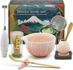 Matcha Whisk Set Incl. Ceramic Bowl With Spout, Whisk (Chasen), Stand, Bamboo Scoop, Sifter, Electric Frother, Tea Towel etc. 9 Pcs Matcha Making Starter Kit, White&Pink