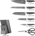 NF NANFANG BROTHERS Damascus Kitchen Knife Set, 7-Piece with Block, ABS Ergonomic Handle, Carving Fork, Disconnect-type Knife Block (Grey)