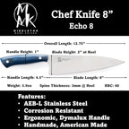 Middleton Made Knives Echo 8 Inch Chef Knife - Handmade Professional Chef Knife - Chefs Knife Made with AEB-L Stainless Steel - USA Made Knife - Great Chef Gifts - Blue