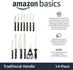 Amazon Basics 14-Piece High Carbon Stainless Steel Kitchen Knife Set with Sharpener and Pinewood Block, Black