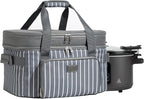 Fun Elements Double Layer Slow Cooker Carrier Bag for 6-8 Quart Oval CrockPot, Insulated Crock Pot Travel Bag with Support Pad and Adjustable Straps, Top Zip Compartment and Front Pocket for Utensils
