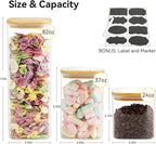 5 Set Glass Jars with Bamboo Lids, Square Food Storage Containers, Glass Pantry Storage Containers with Lids for Pasta, Cereal, Flour, Sugar