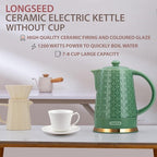 Ceramic Electric Kettle, 1.5L/1200W Boil Water Quickly and Easily with Boil-Dry Protection Auto Shut Off, Detachable Swivel Base, Green Relief Carving