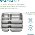 U Konserve Stainless Steel Rectangle Divided 3 Section Food Storage Bento Box Container, Leak Proof Silicone Lid Dishwasher Safe - Plastic Free, (24oz Cosmic Blue)