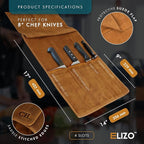 ELIZO Personalized Premium Full Grain Leather Chef Knife Roll, 17L x 14W inches Knife Storage Travel Case, Professional Customizable Chef Knife Case - Holds 4 Chef Knives